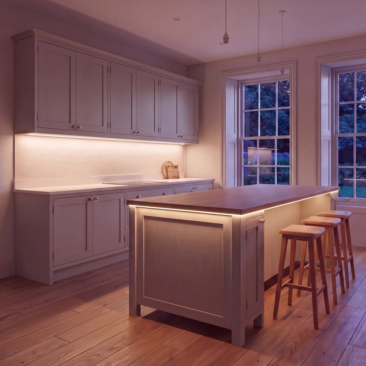 Warm White 3000K COB LED strip kitchen island lighting in a large British kitchen in the evening; installation illustration.