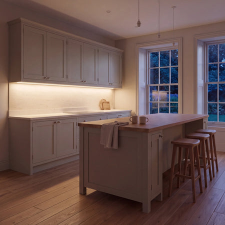 Warm White 3000K COB LED strip lighting beneath wall cabinets in a large British kitchen in the evening; installation illustration.