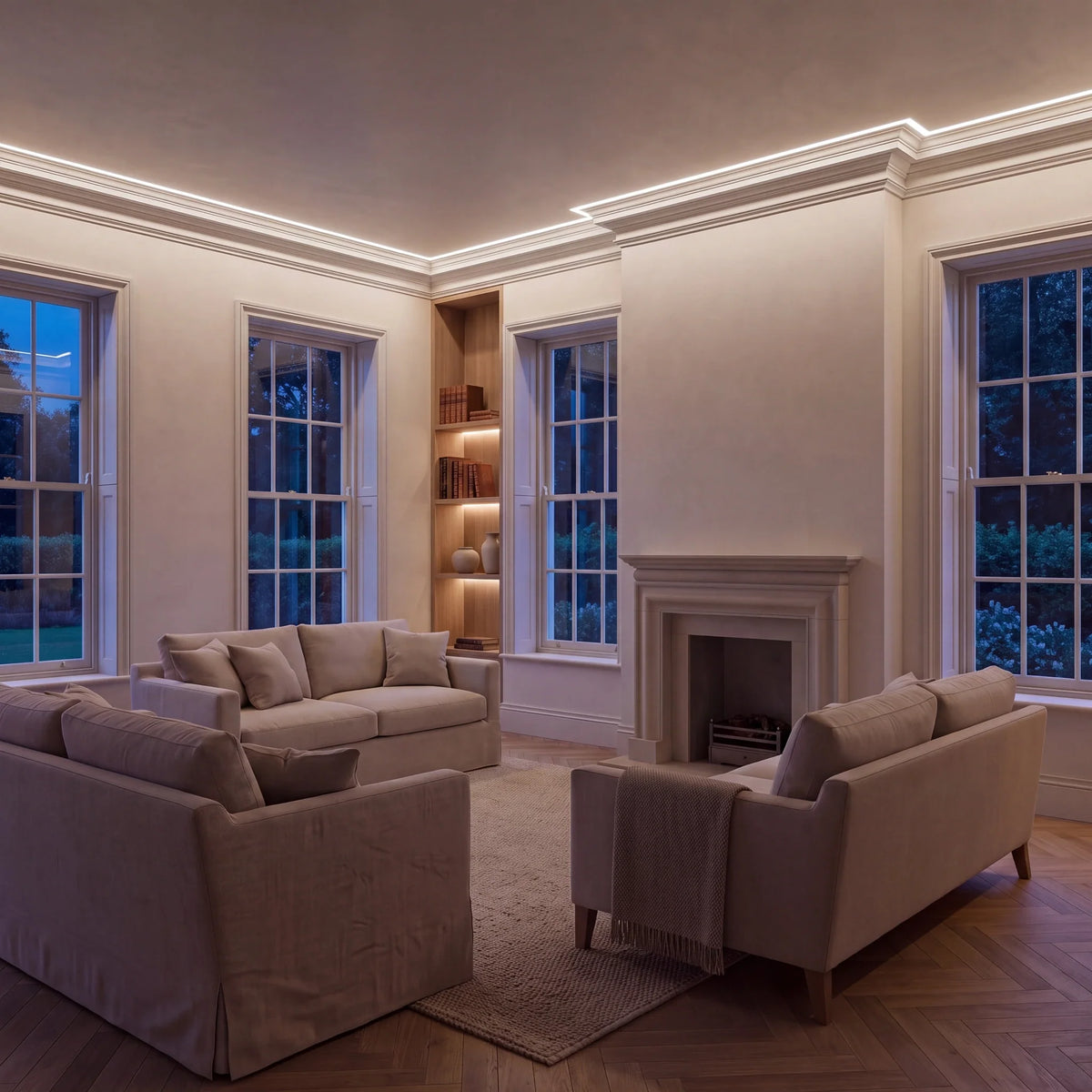 Natural White 4000K COB LED strip ceiling coving lighting in a large British living room in the evening; installation illustration.
