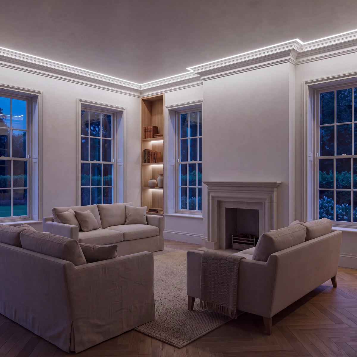 Daylight 5000K COB LED strip ceiling coving lighting in a large British living room in the evening; installation illustration.