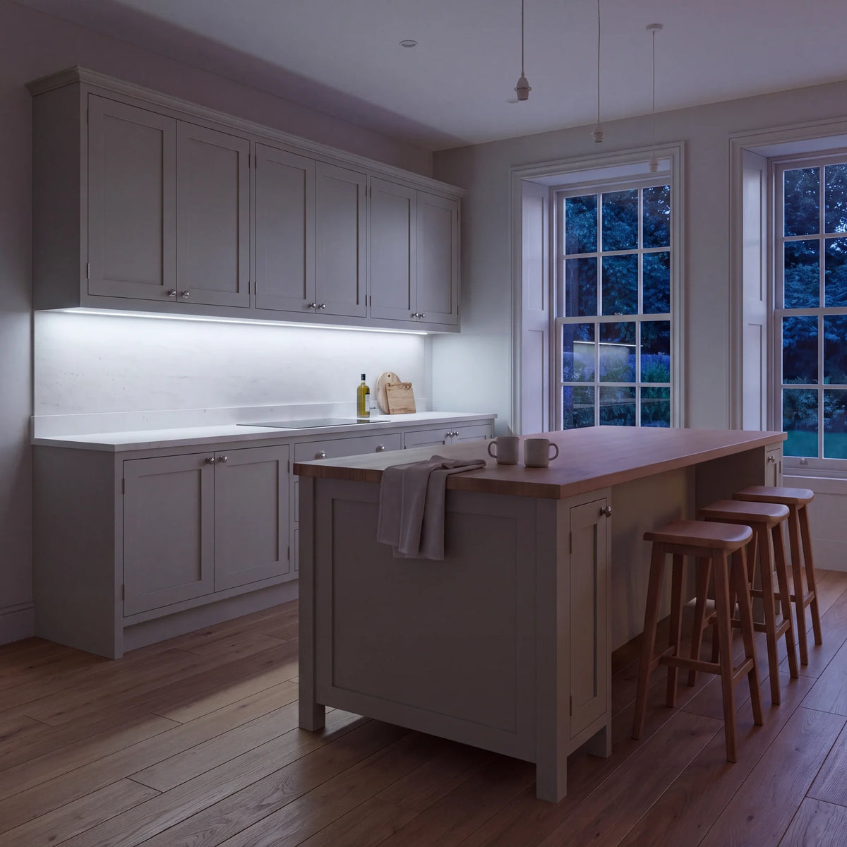 Cool White 6500K COB LED strip lighting beneath wall cabinets in a large British kitchen in the evening; installation illustration.