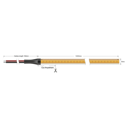 Free-cut COB LED strip dimensions: 10mm width, 10m length, 150mm two-wire lead and cut-anywhere design