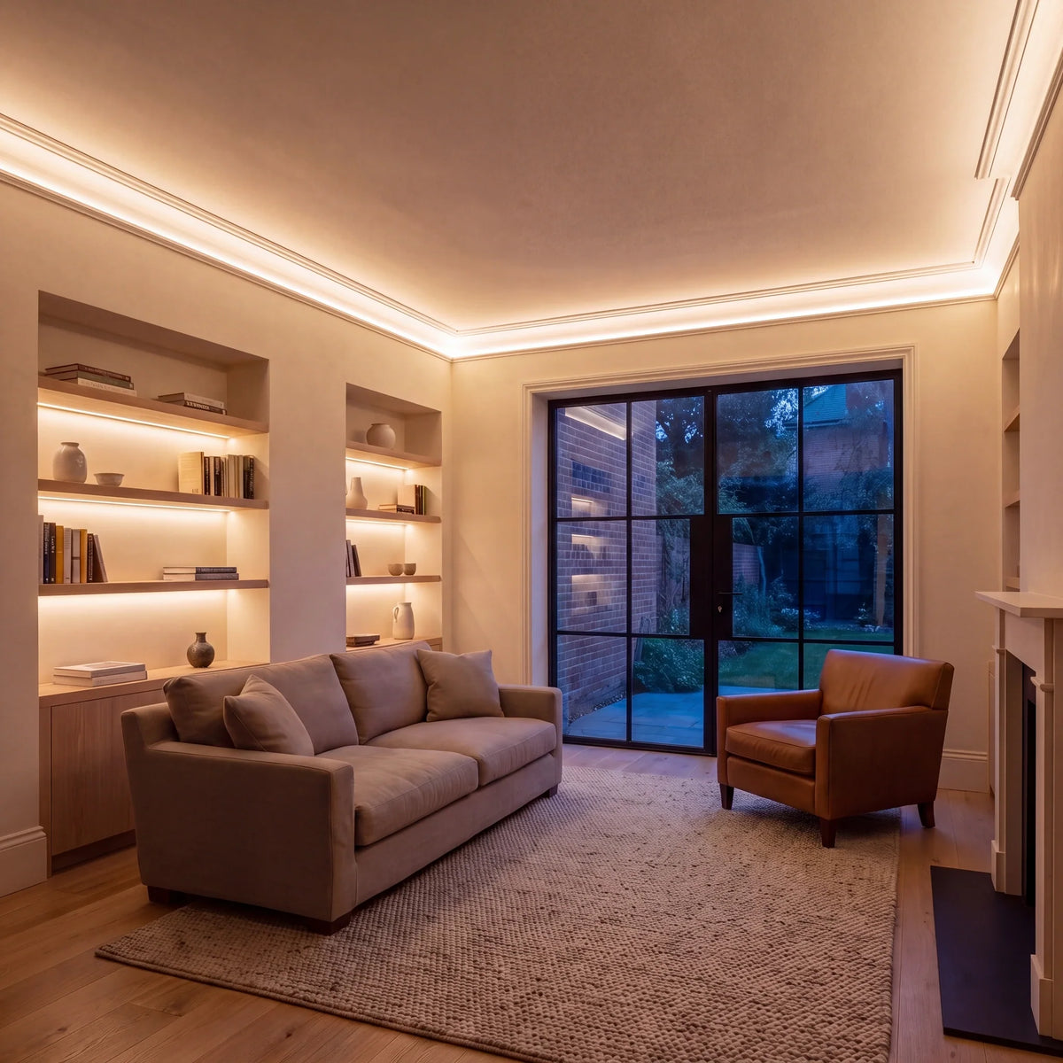 Warm White 3000K Free Cut COB LED strip ceiling coving lighting in a large British living room in the evening; installation illustration.