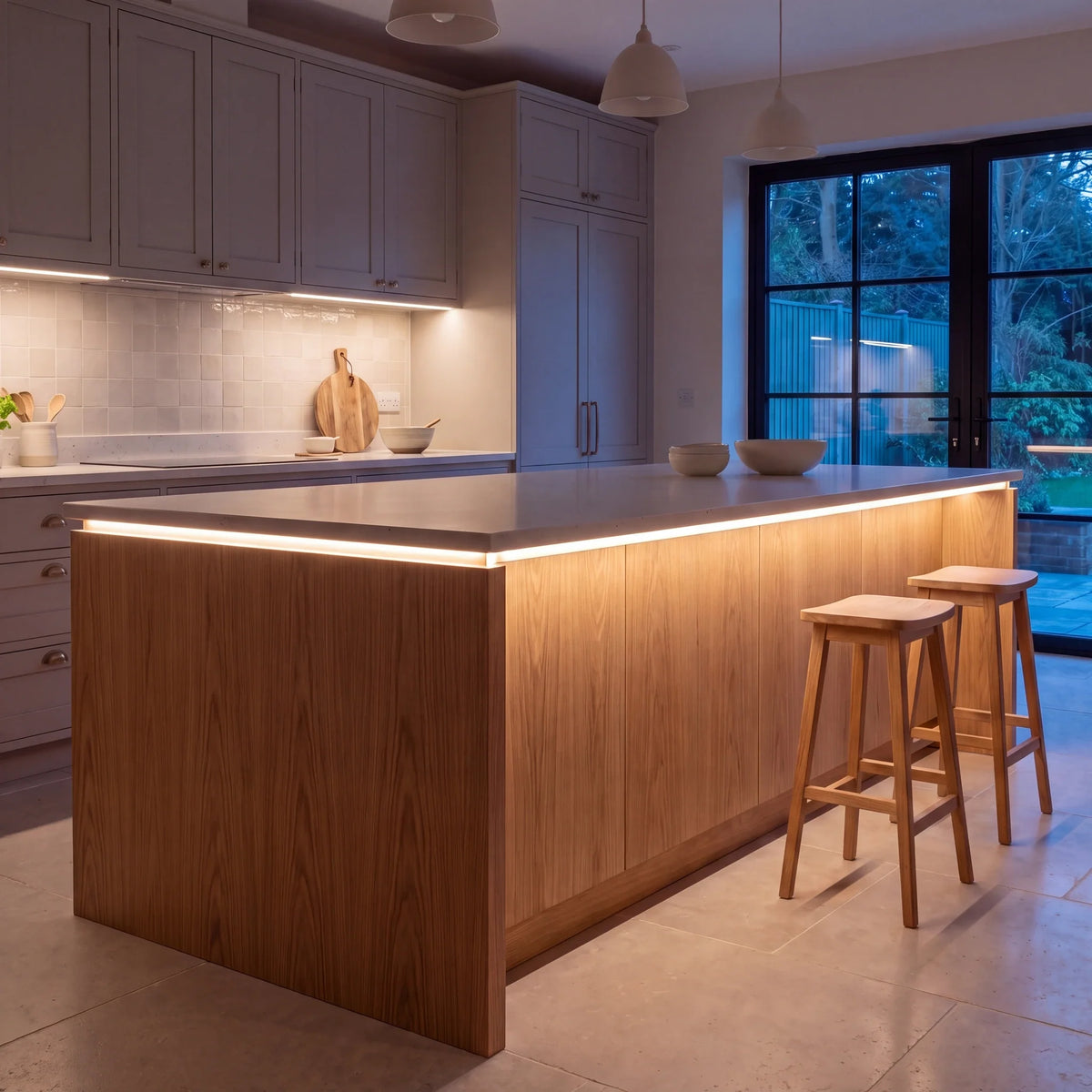 Warm White 3000K Free Cut COB LED strip kitchen island lighting in a large British kitchen in the evening; installation illustration.