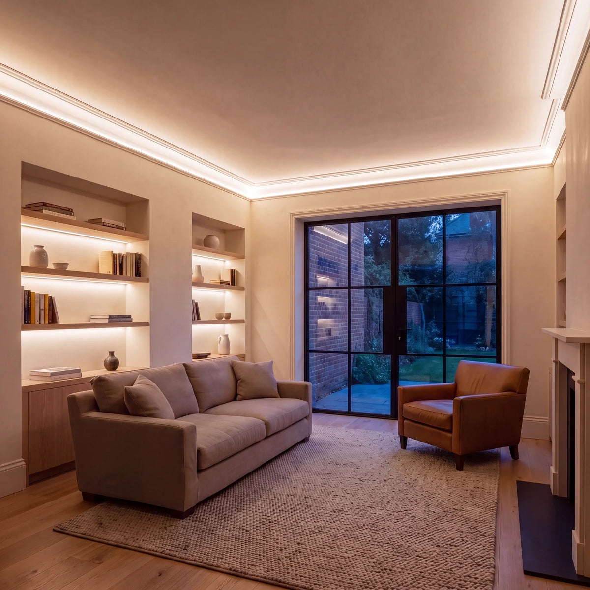 Natural White 4000K Free Cut COB LED strip ceiling coving lighting in a large British living room in the evening; installation illustration.