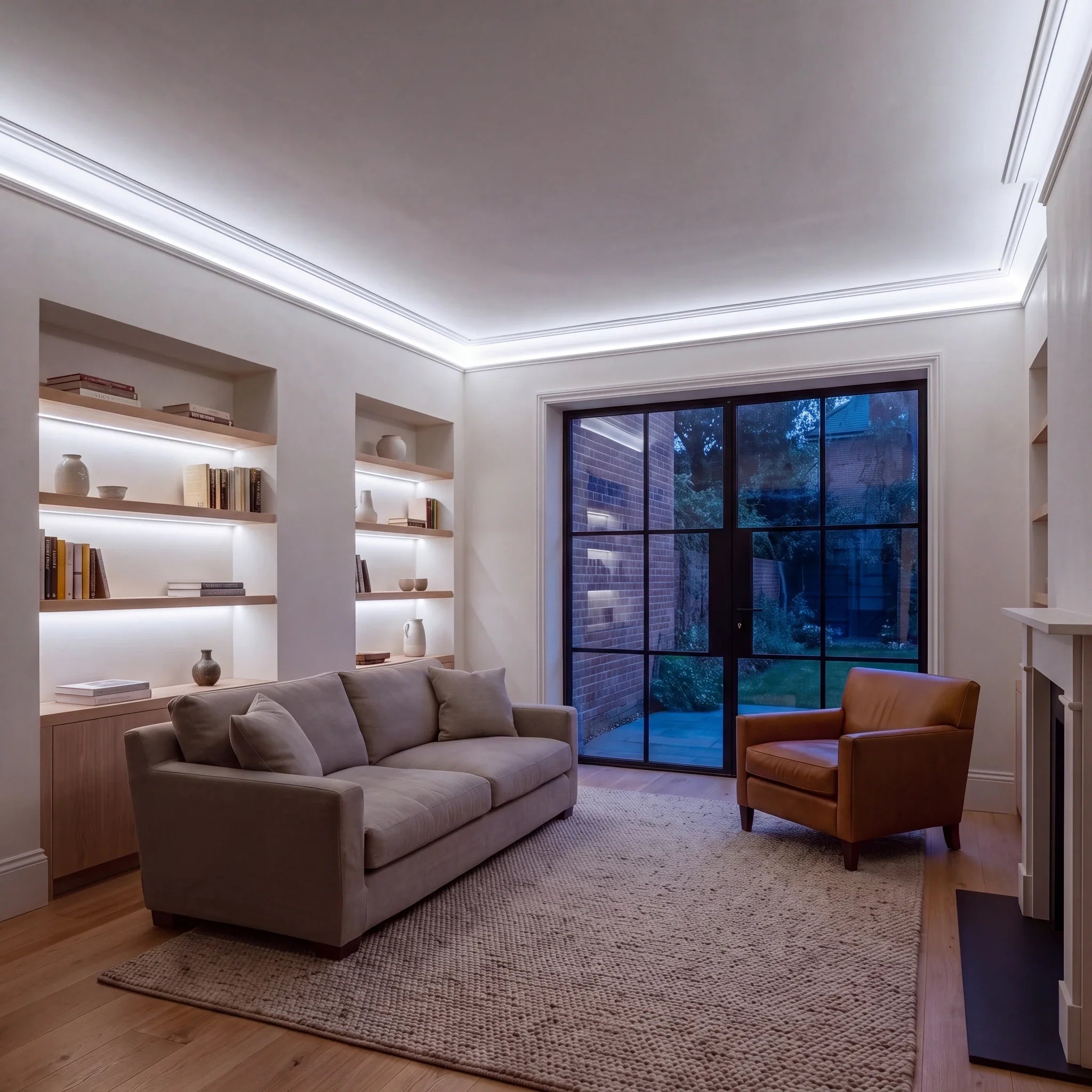 Daylight 5000K Free Cut COB LED strip ceiling coving lighting in a large British living room in the evening; installation illustration.