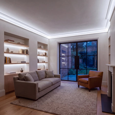 Daylight 5000K Free Cut COB LED strip ceiling coving lighting in a large British living room in the evening; installation illustration.