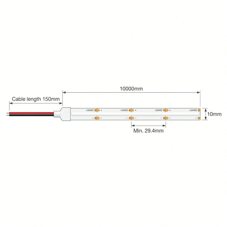 SCOB LED strip dimensions showing 10mm width, 29.4mm cut points, 10m length and 150mm two-wire lead.