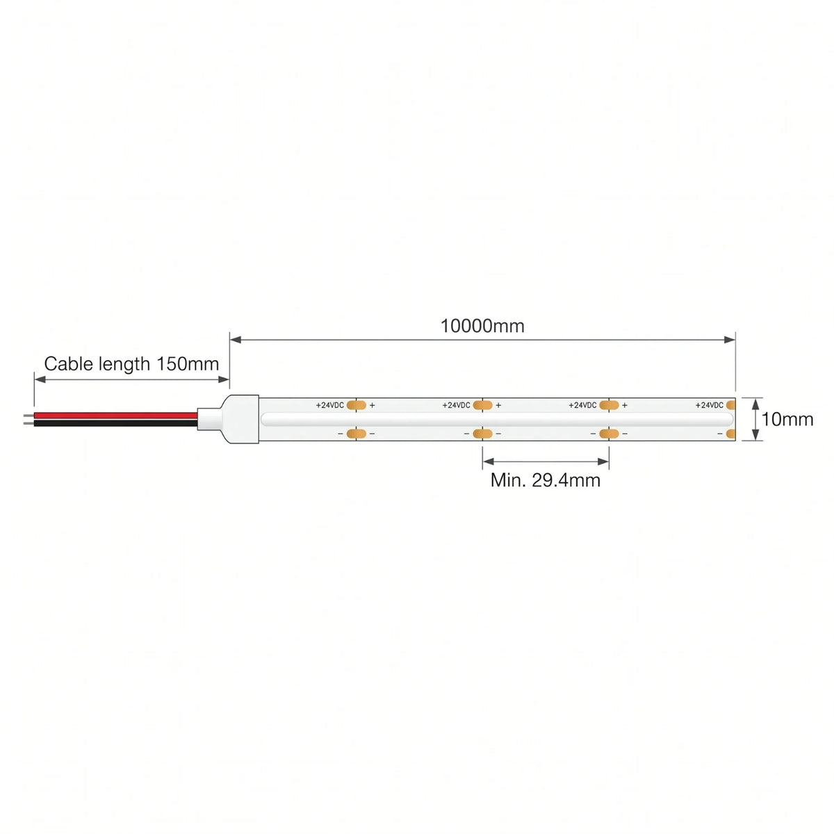 SCOB LED strip dimensions: 10mm width, 29.4mm cut points, 10m roll and 150mm lead