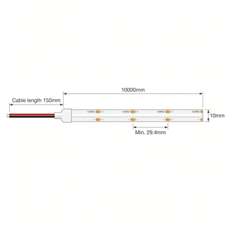 SCOB LED strip dimensions: 10mm width, 29.4mm cut points, 10m roll and 150mm lead