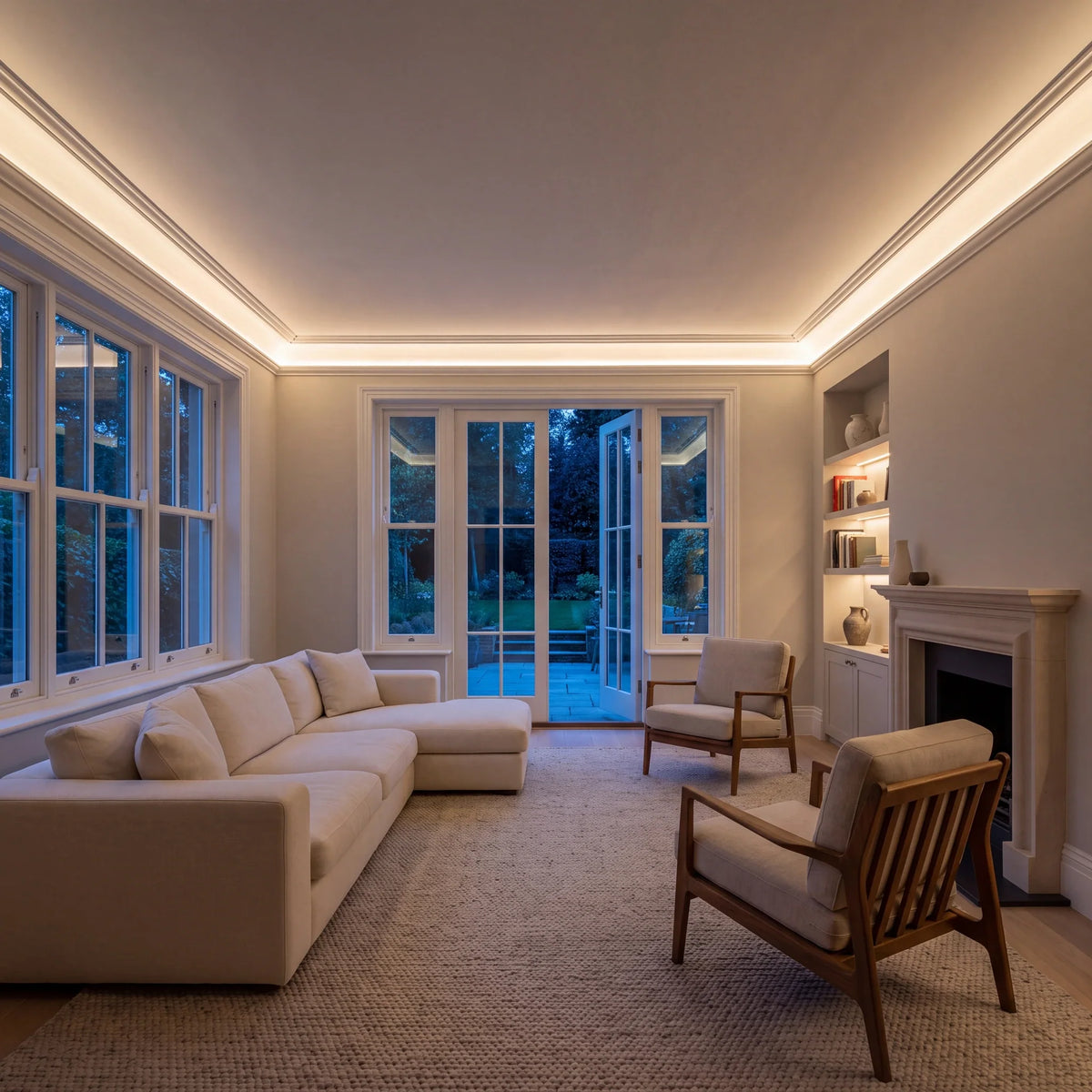 Warm White 2700K SCOB LED strip ceiling coving lighting in a large British living room in the evening; installation illustration.