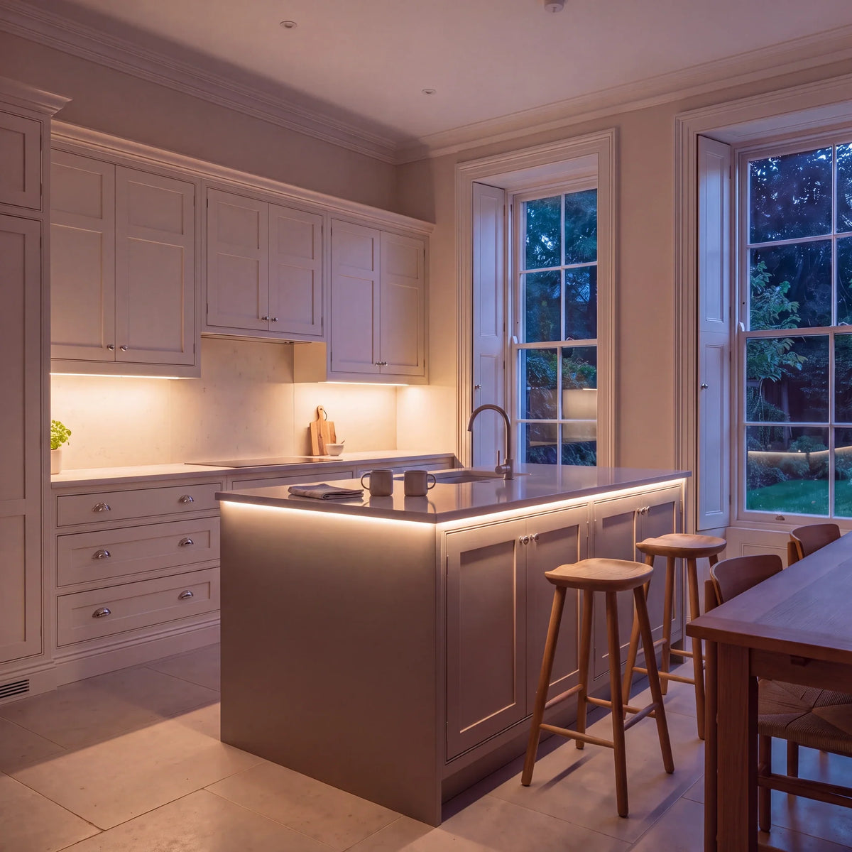 Warm White 2700K SCOB LED strip kitchen island lighting in a large British kitchen in the evening; installation illustration.