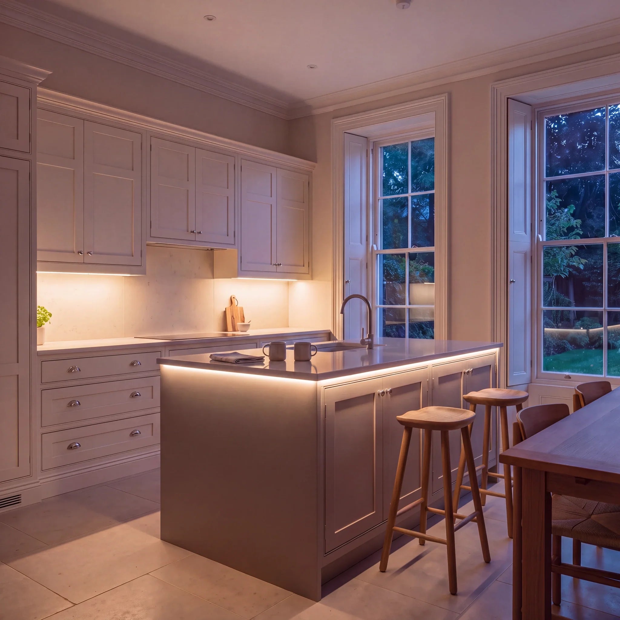 Warm White 2700K SCOB LED strip kitchen island lighting in a large British kitchen in the evening; installation illustration.