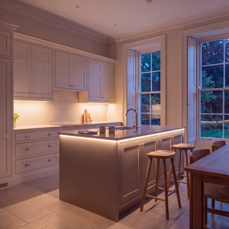 Warm White 2700K SCOB LED strip kitchen island lighting in a large British kitchen in the evening; installation illustration.