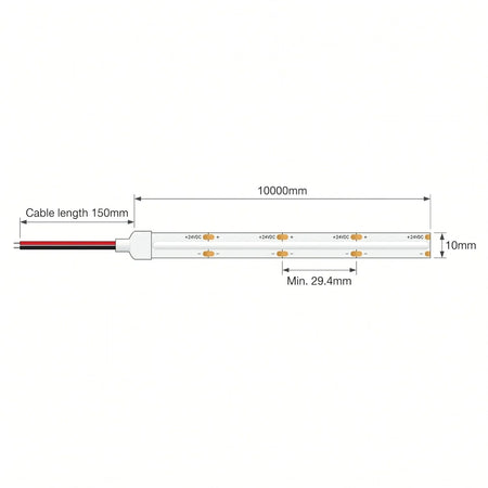 SCOB LED strip dimensions showing 10mm width, 29.4mm cut points, 10m length and 150mm two-wire lead.