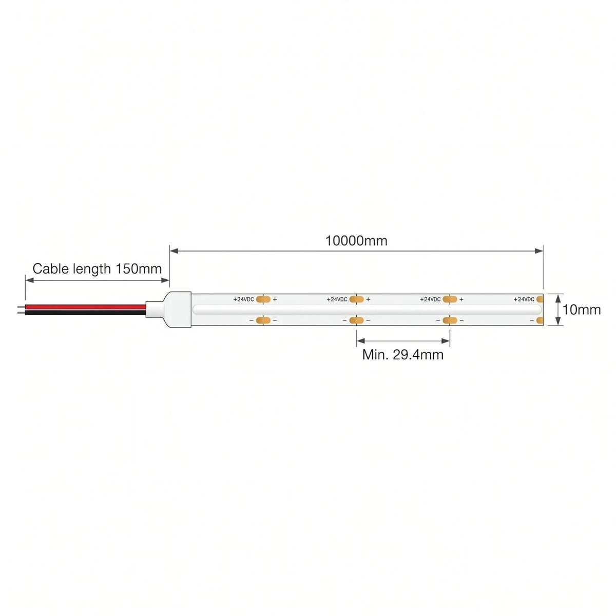 SCOB LED strip dimensions showing 10mm width, 29.4mm cut points, 10m length and 150mm two-wire lead.