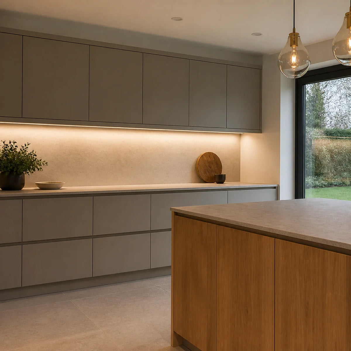 Illustrative modern kitchen with 3000K warm-white SCOB LED strip illuminating a dry counter beneath wall cabinets