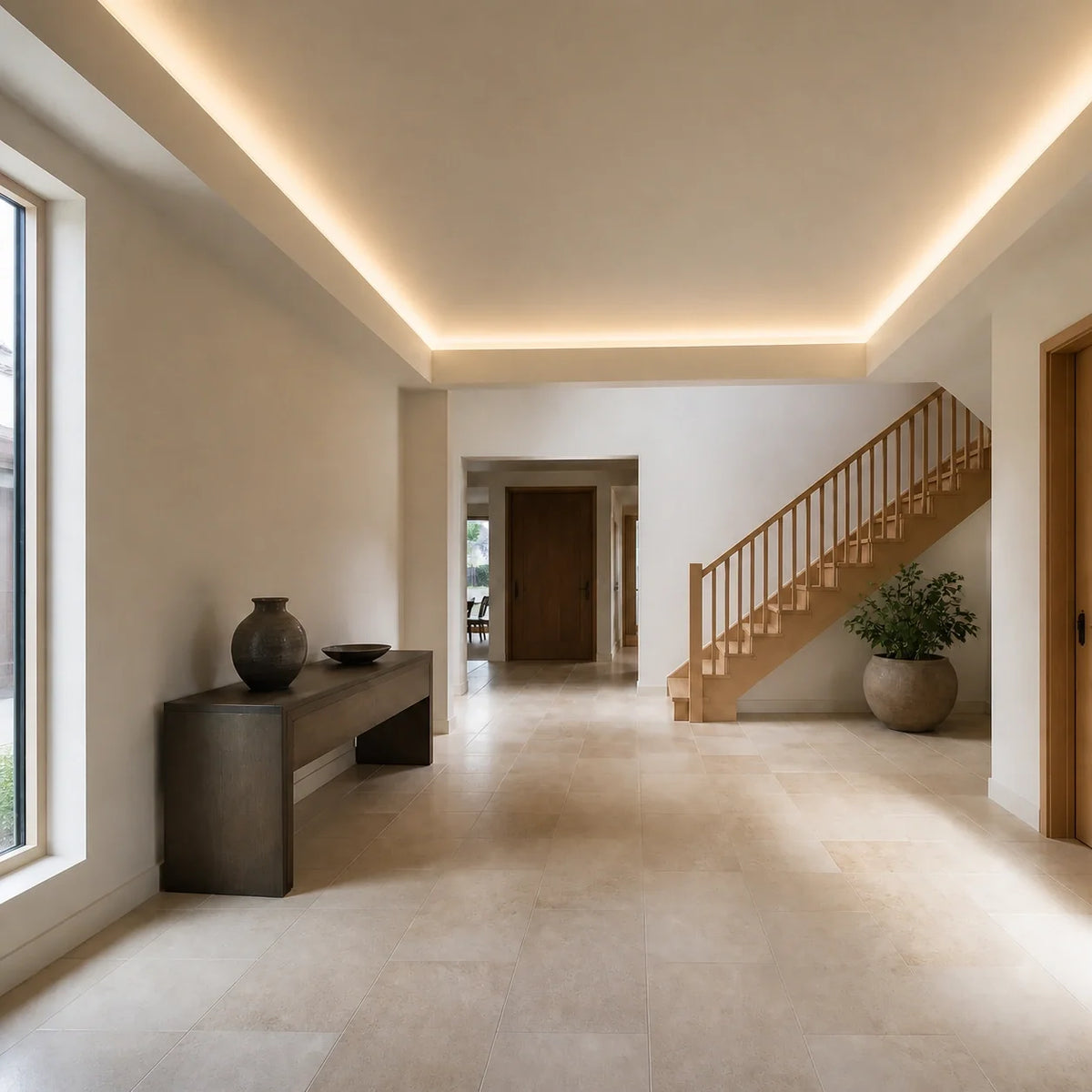Illustrative reception hall with 3000K warm-white SCOB LED strip concealed in perimeter ceiling coving