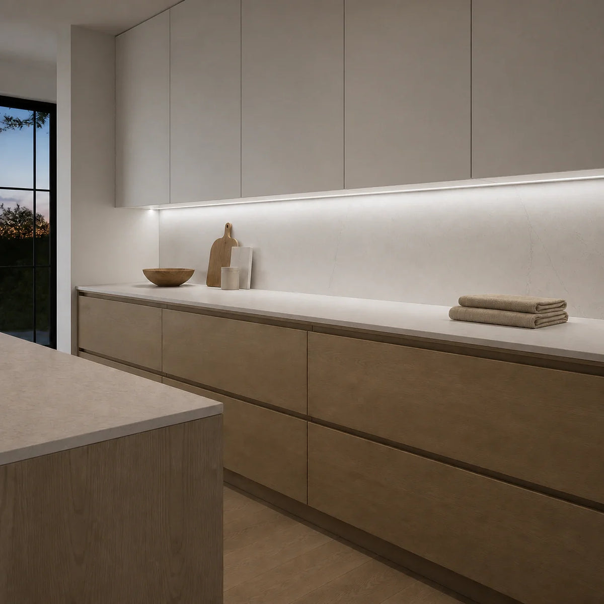 Illustrative oak-and-stone kitchen with neutral-white 4000K SCOB LED lighting beneath wall cabinets over a dry preparation counter.