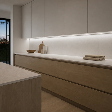 Illustrative oak-and-stone kitchen with neutral-white 4000K SCOB LED lighting beneath wall cabinets over a dry preparation counter.