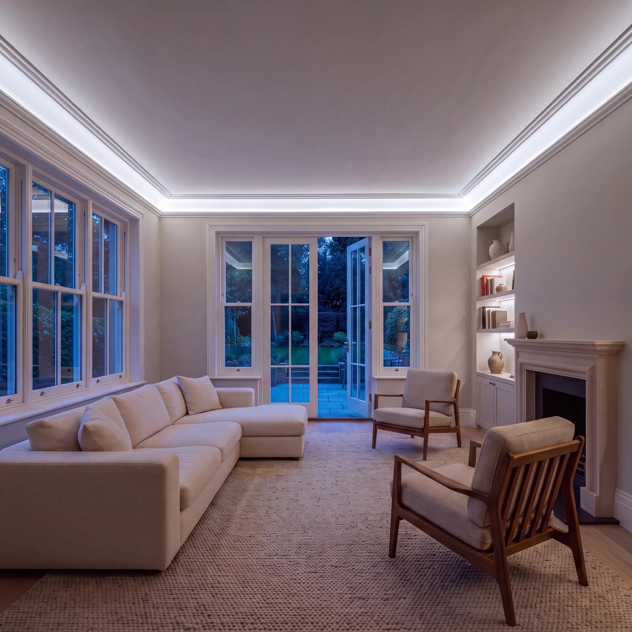 Daylight 5000K SCOB LED strip ceiling coving lighting in a large British living room in the evening; installation illustration.