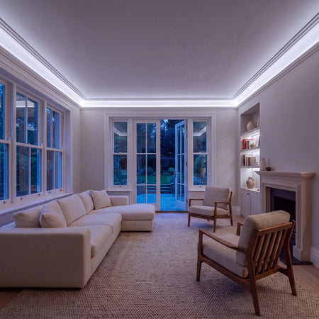 Cool White 6500K SCOB LED strip ceiling coving lighting in a large British living room in the evening; installation illustration.