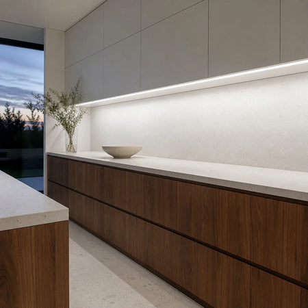 Illustrative white-and-walnut kitchen with cool-white 6500K SCOB LED lighting beneath cabinets over a dry preparation counter.
