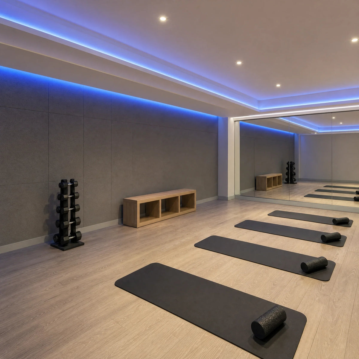 Illustrative mobility and exercise studio with blue SCOB LED ceiling and wall-recess lighting, mats, foam rollers and dumbbells