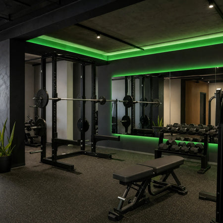 Illustrative strength gym with green SCOB LED ceiling accents and mirror lighting above weights and exercise benches