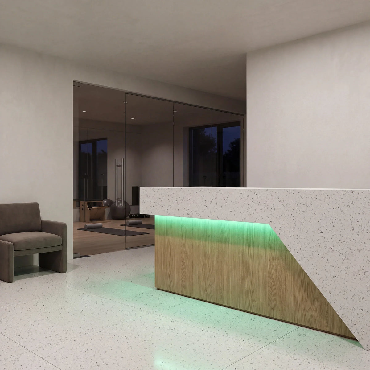 Green SCOB LED strip lighting beneath a pale stone and oak gym reception counter beside glass exercise rooms; installation illustration.