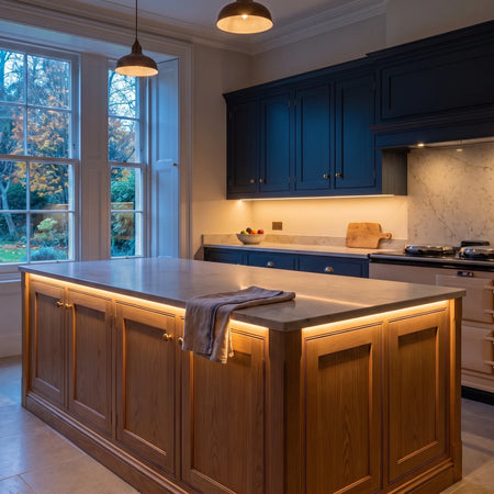 Warm White 2700K 24V 10mm COB LED strip installed beneath cabinets and around a British kitchen island; installation visual.