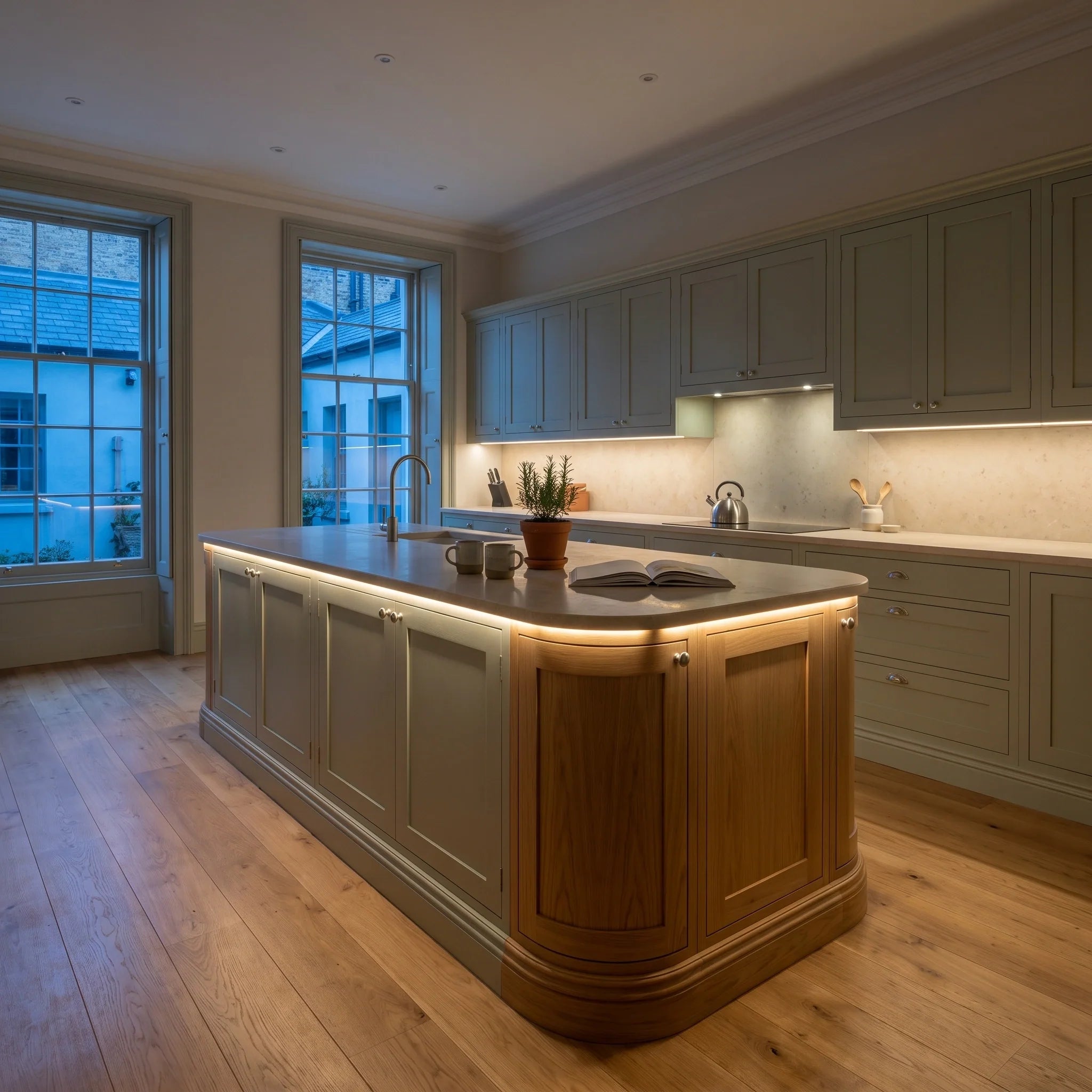 Warm White 3000K 24V 10mm COB LED strip installed beneath cabinets and around a British kitchen island; installation visual.