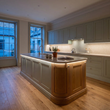 Natural White 4000K 24V 10mm COB LED strip installed beneath cabinets and around a British kitchen island; installation visual.
