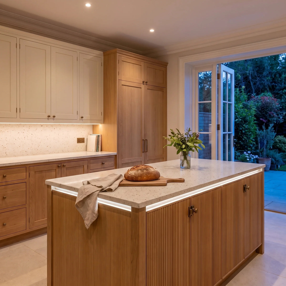 Natural White 4000K 24V 10mm free cut COB LED strip installed beneath cabinets and around a British kitchen island; installation visual.