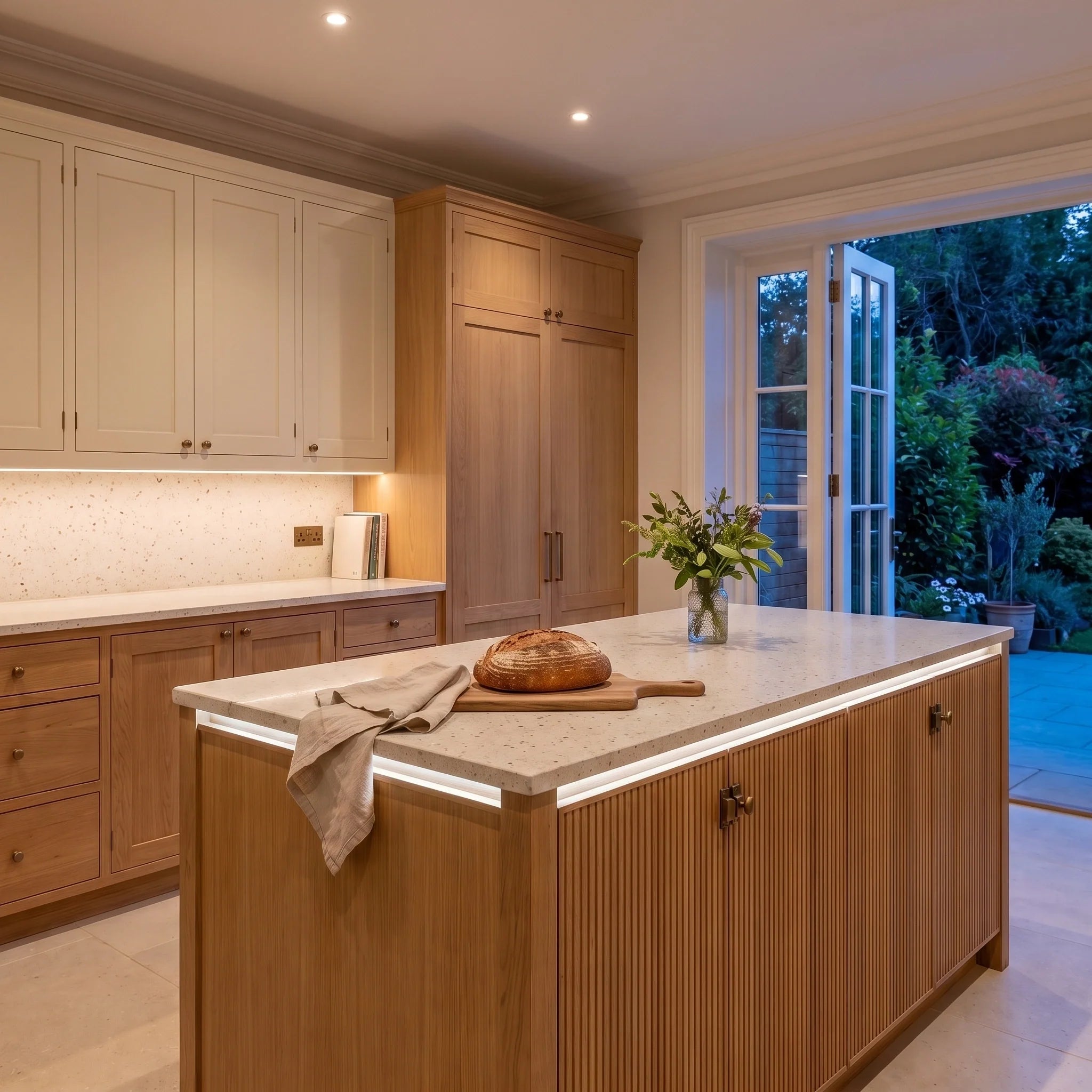 Natural White 4000K 24V 10mm free cut COB LED strip installed beneath cabinets and around a British kitchen island; installation visual.