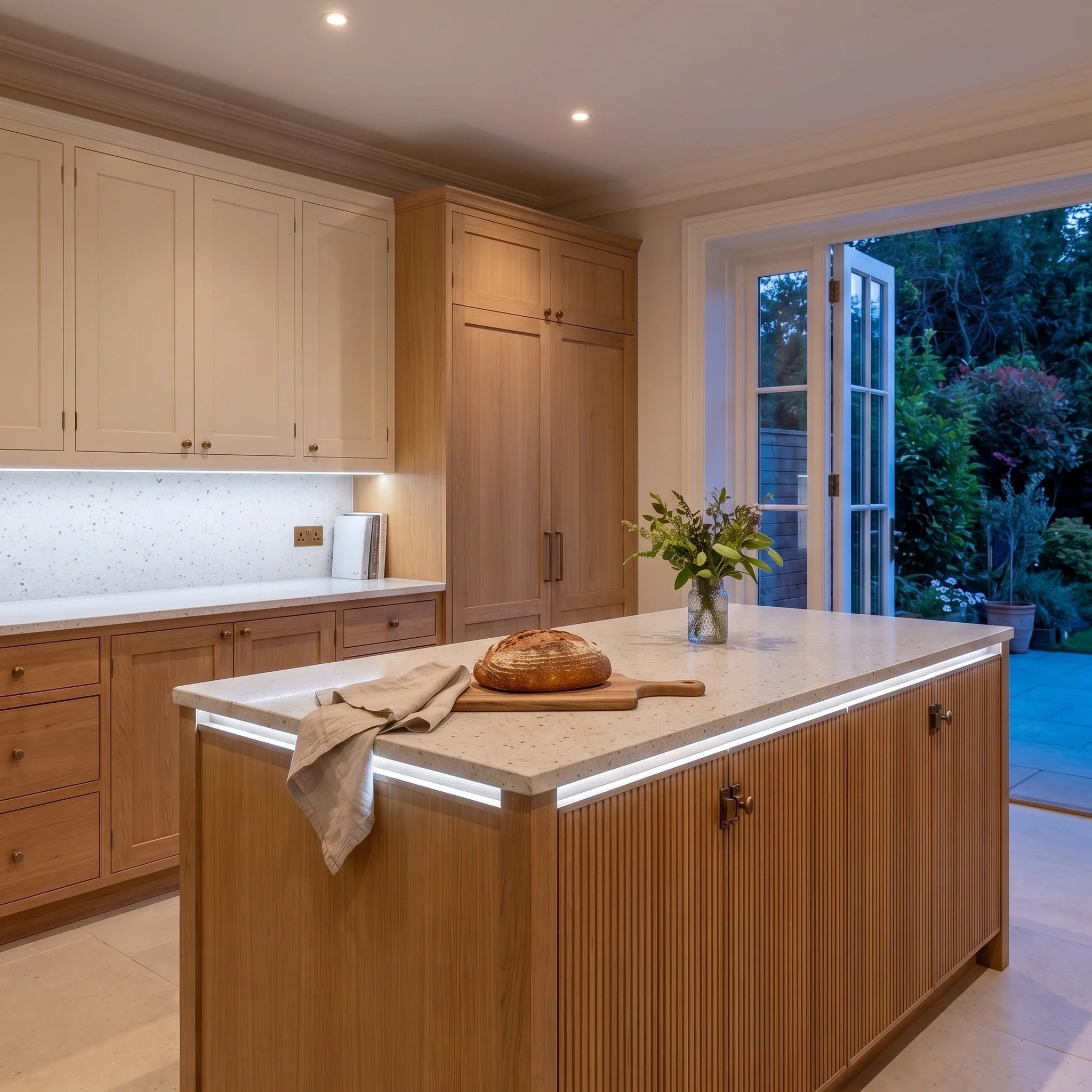 Cool White 6500K 24V 10mm free cut COB LED strip installed beneath cabinets and around a British kitchen island; installation visual.