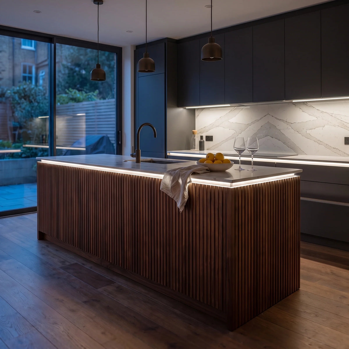 Natural White 4000K 24V 10mm SCOB LED strip installed beneath cabinets and around a British kitchen island; installation visual.