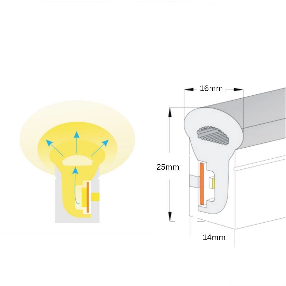 Warm White Neon Flex 14x25mm 220V 240V 120LEDs/m IP65 Waterproof with UK Plug - House of LEDS