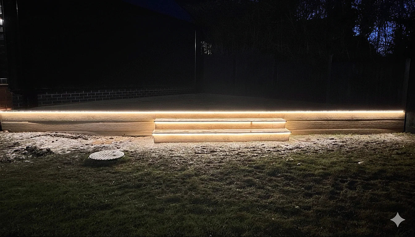 Garden path illuminated with warm white LED lighting
