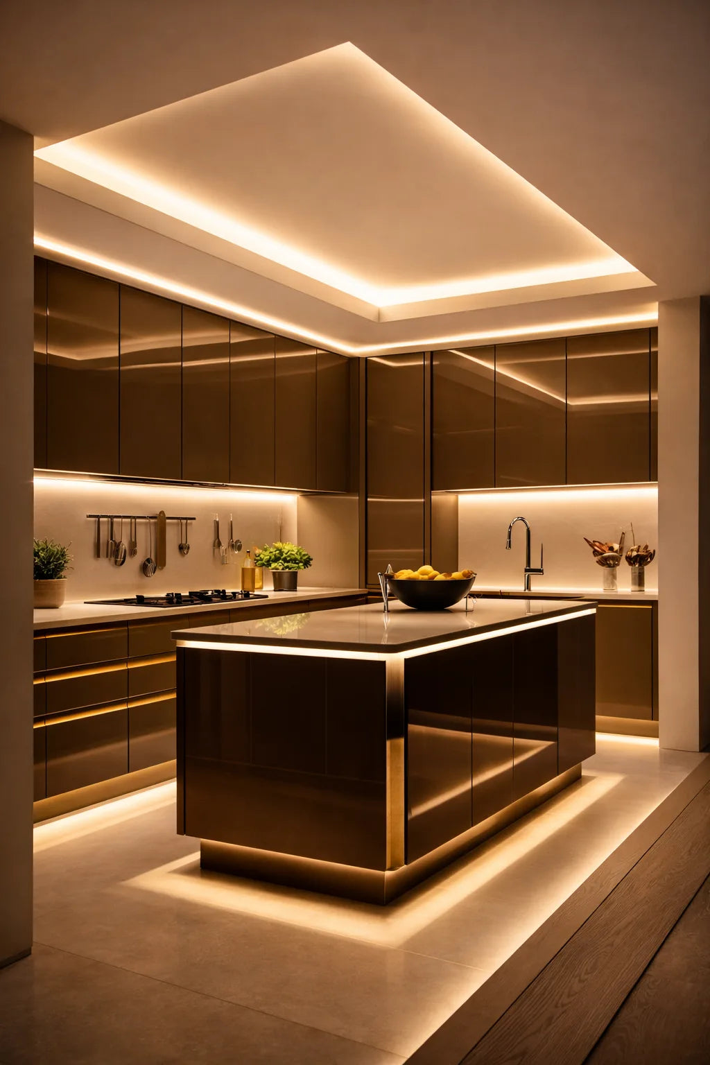 LED lighting beneath kitchen cabinets and around cabinetry