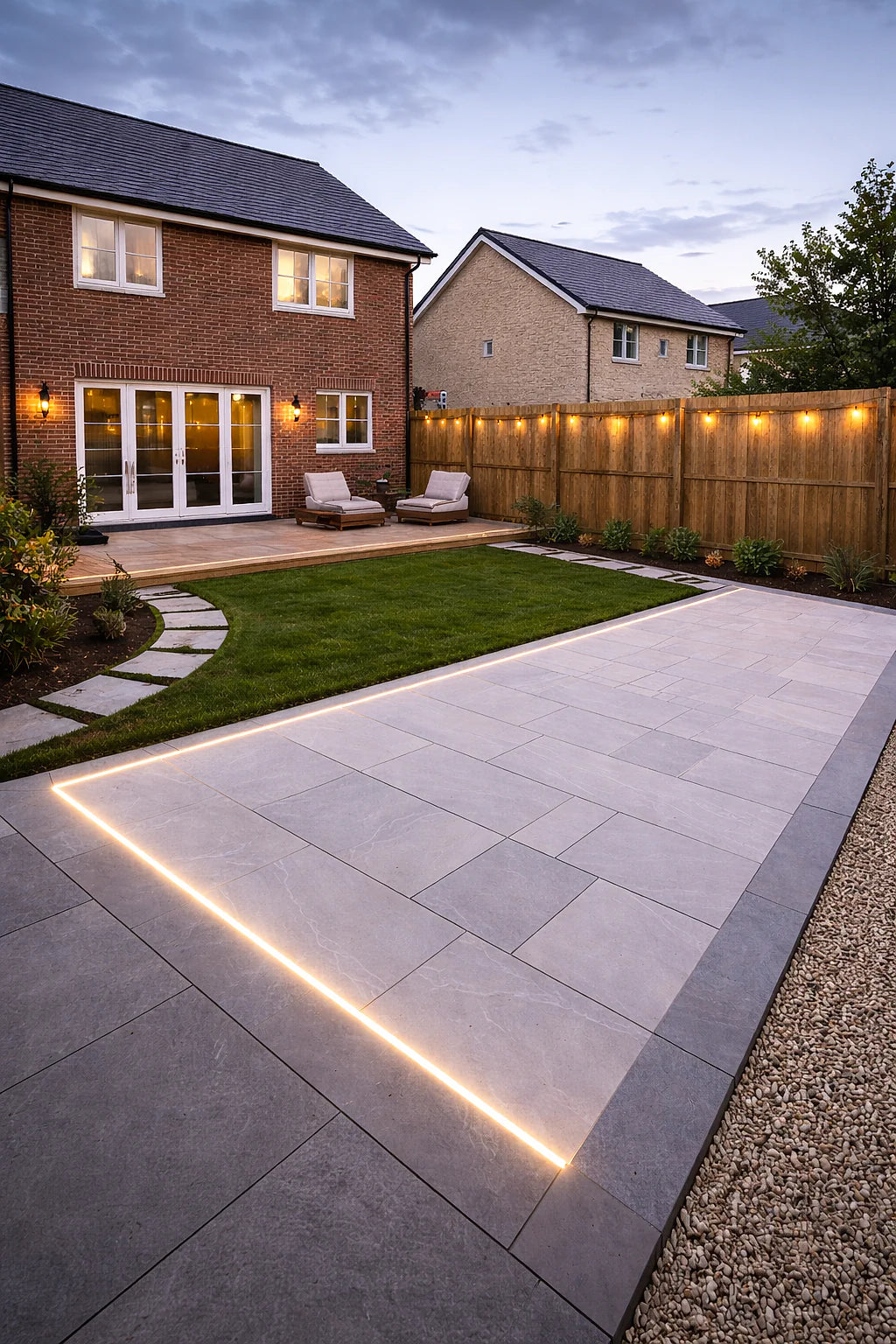 Patio and decking illuminated by outdoor LED lighting
