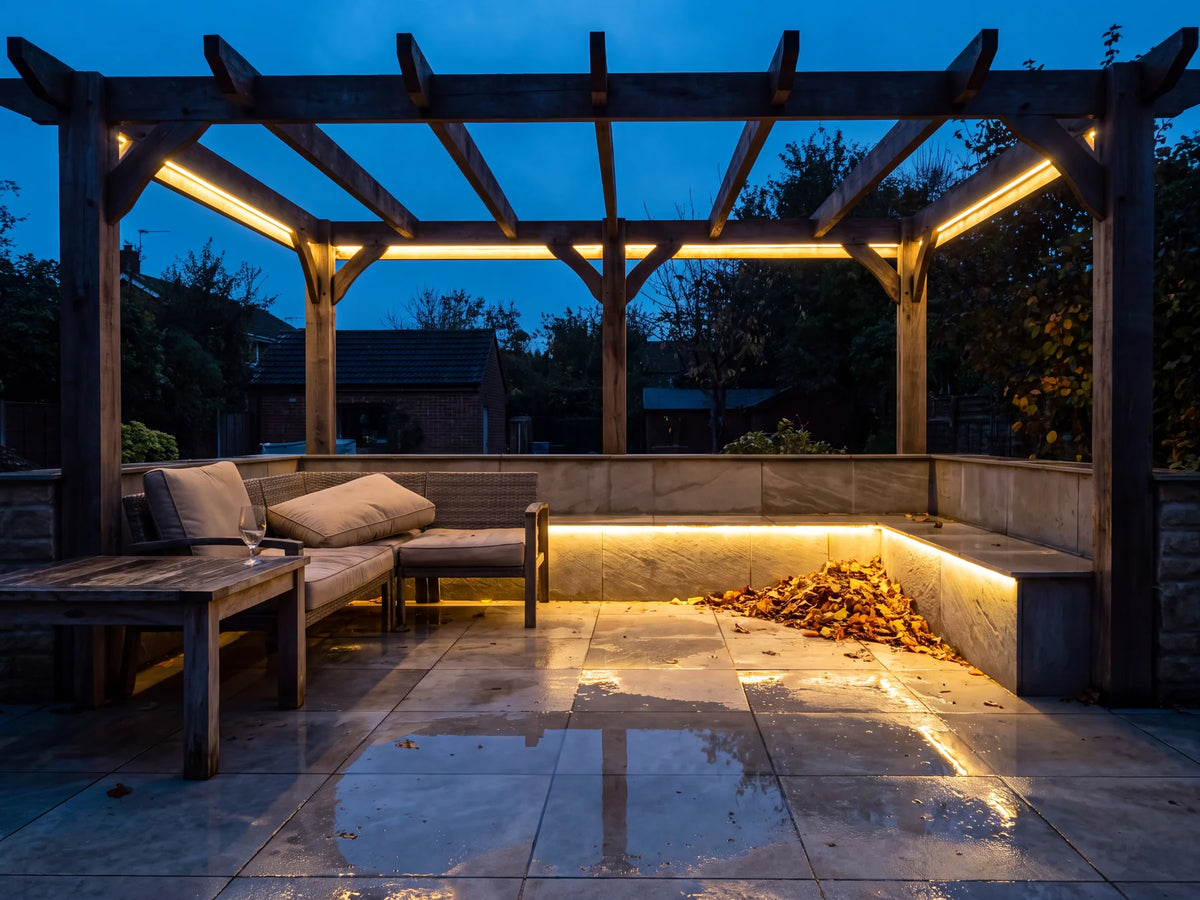 IP67 outdoor LED strip lighting concealed under pergola beams above a patio at dusk