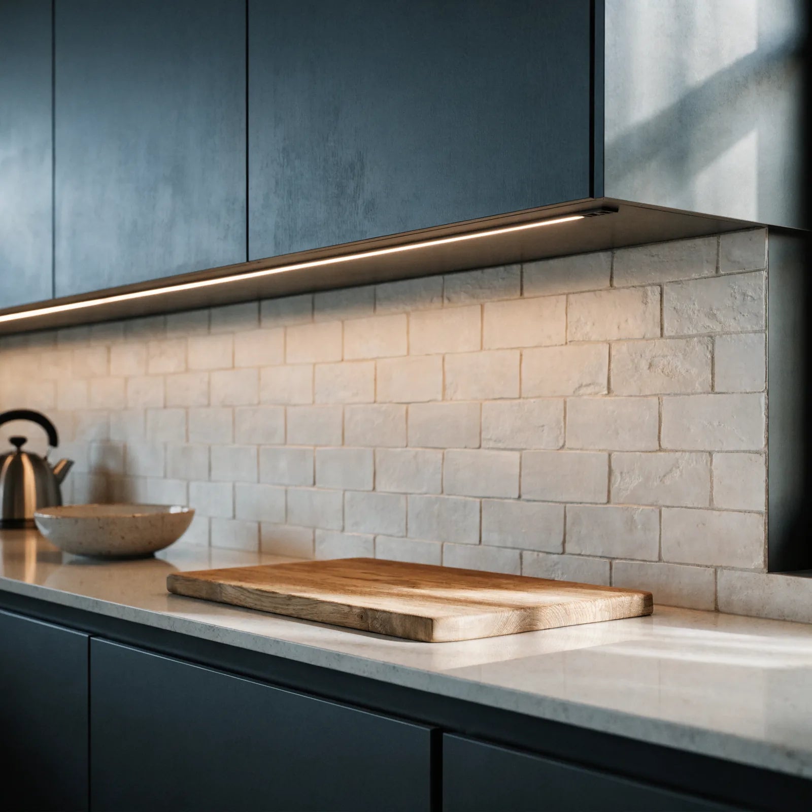 Dotless warm white COB LED strip lighting installed beneath kitchen cabinets