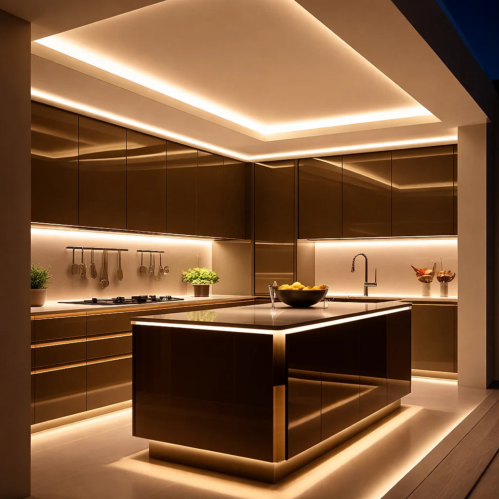 Dotless warm white LED lighting in a contemporary kitchen