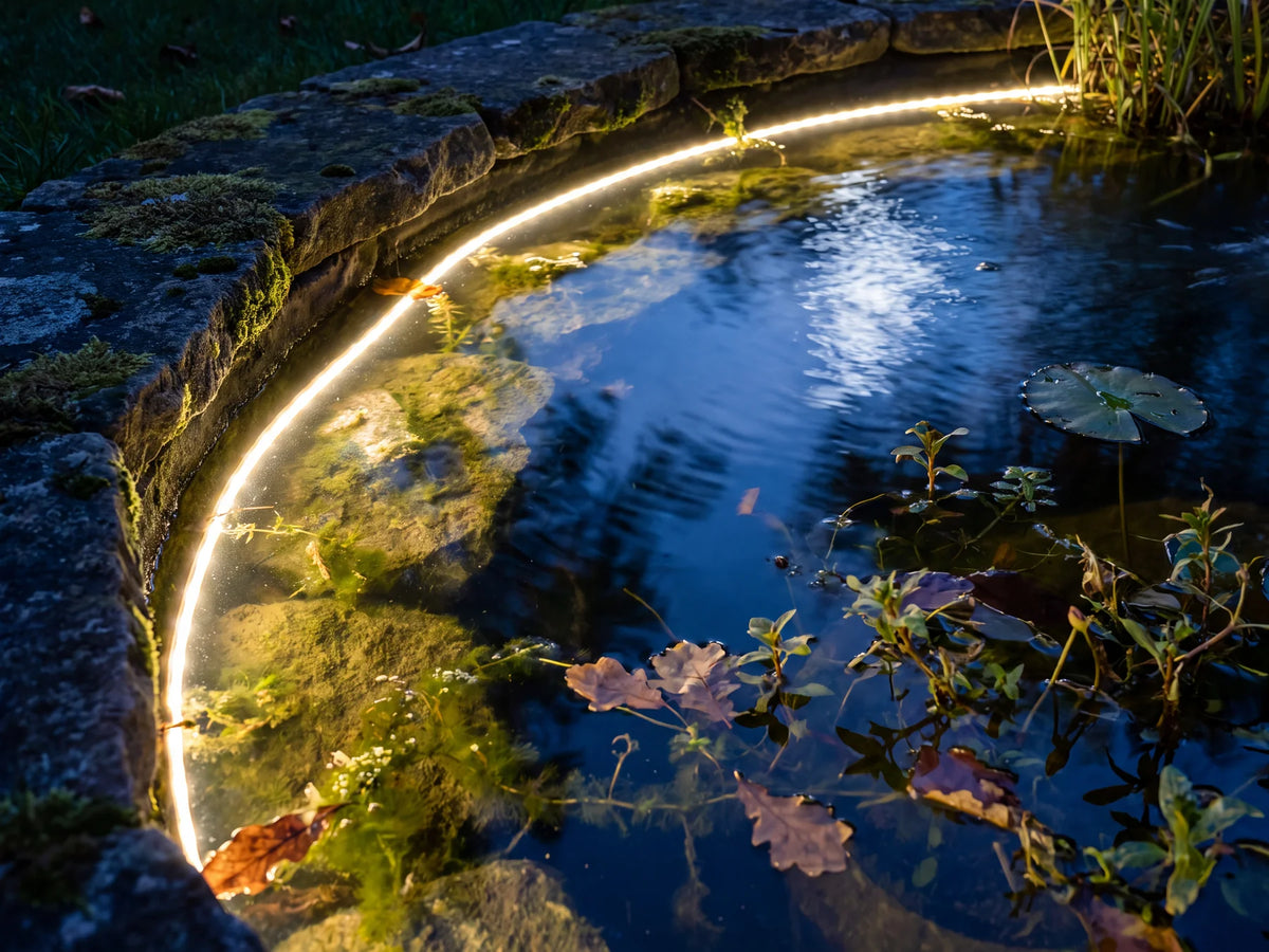 IP68 LED neon flex fully submerged along the stone edge of a garden pond at night