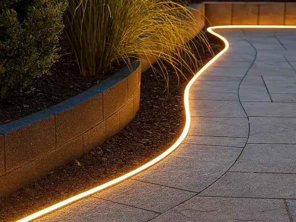 Outdoor LED lighting around a landscaped garden