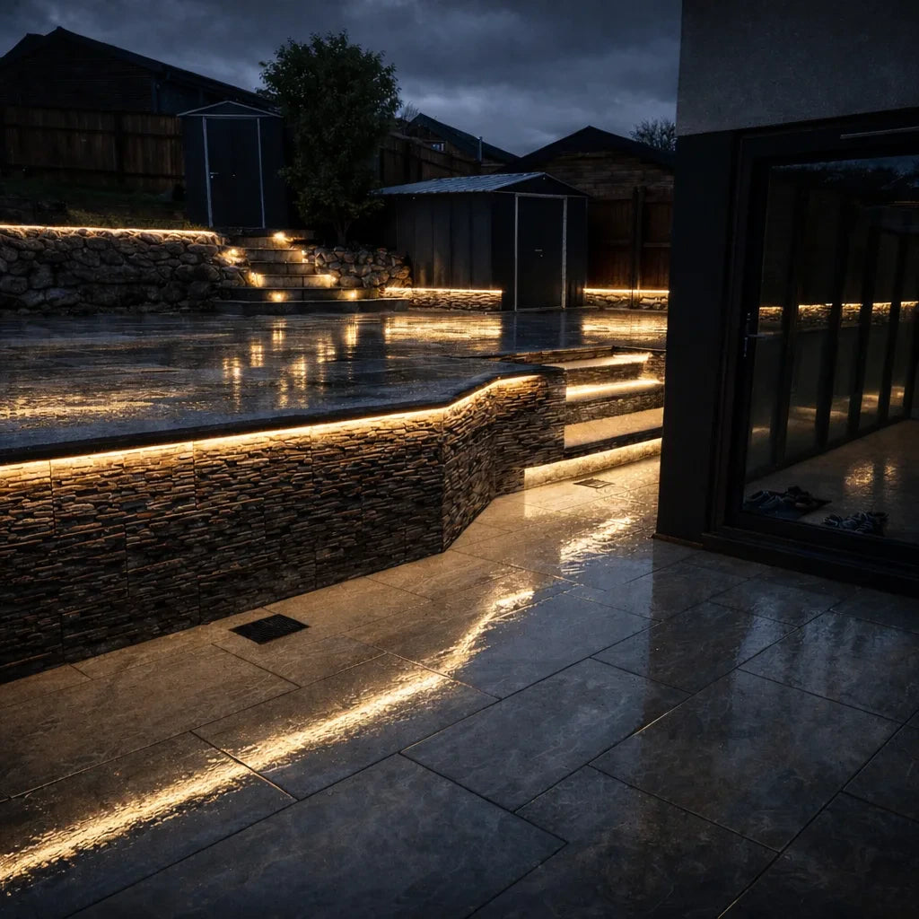 Warm white outdoor LED lighting installed along a stone terrace