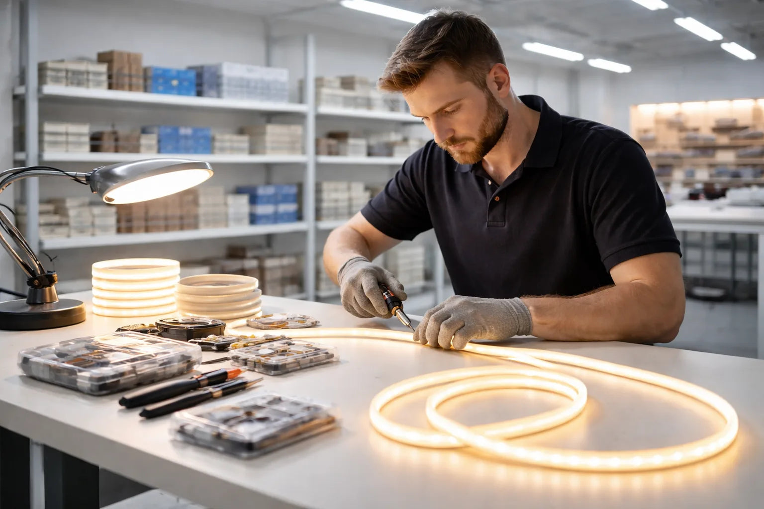 Lighting specialist preparing LED components for a project