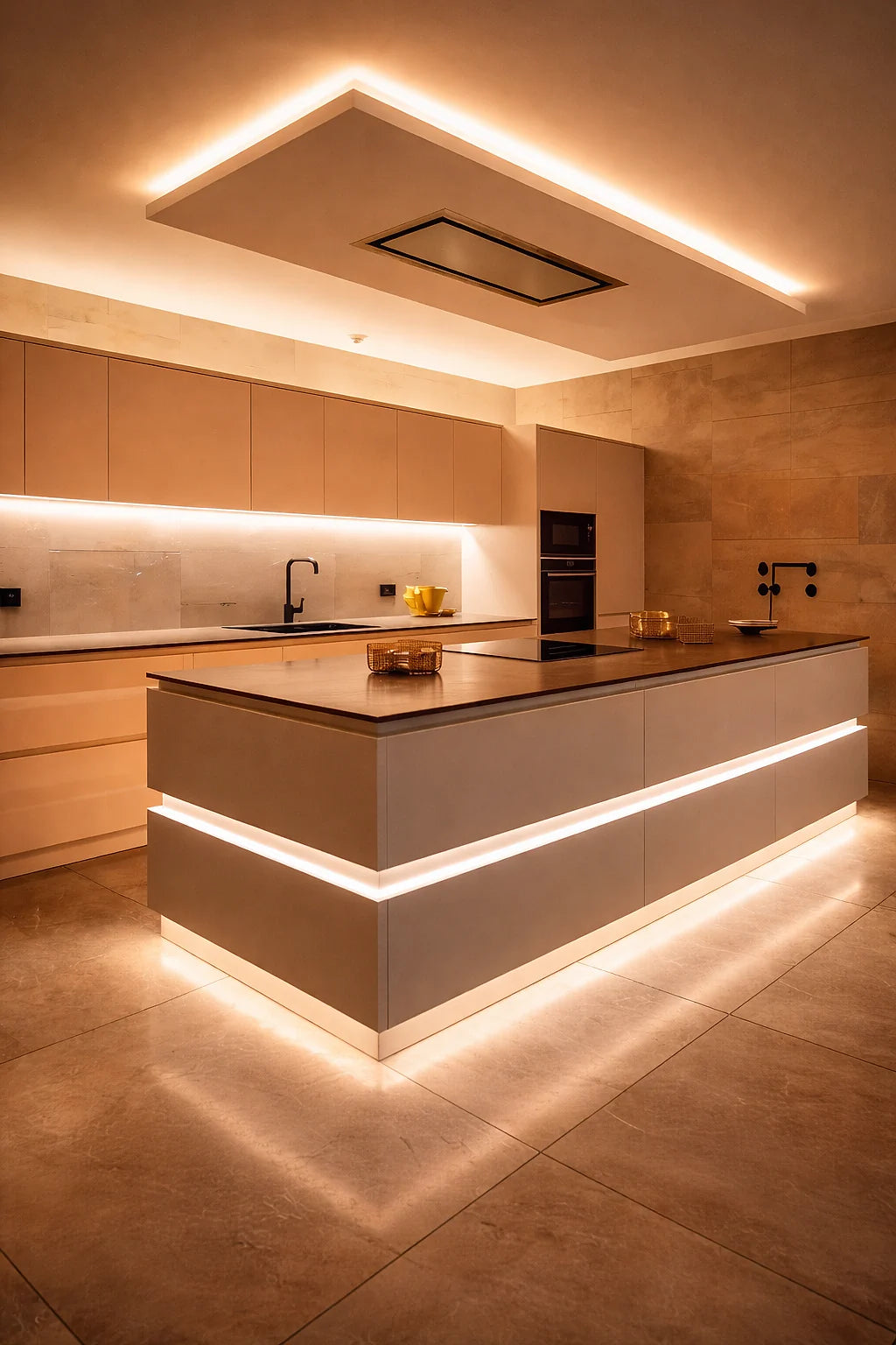 Warm white LED lighting installed in a modern kitchen and ceiling cove